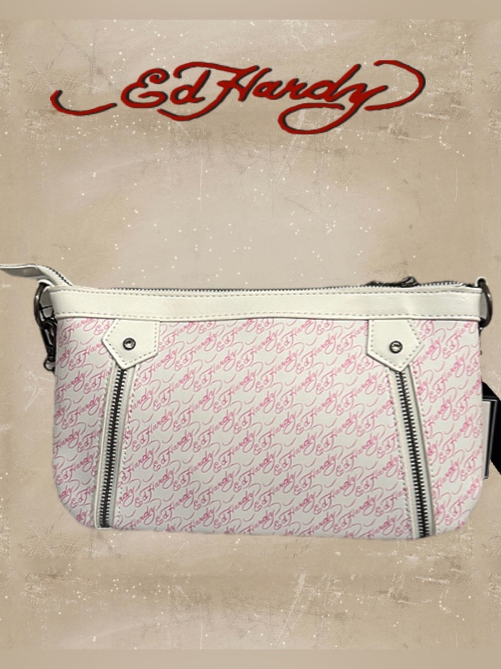 Ed Hardy White and Pink Flame Skull Shoulder Bag - Picture 2 of 7